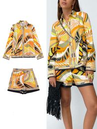 Womens Two Piece Pants TFMLN Summer Women 2PCS Print BlousesSkirts Set Turn Down Collar Long Sleeve Tops High Waist Dress Girl Outfits 230220