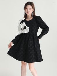 Casual Dresses Women Black Jacquard Bow Cut-out Ruffles Dress Round Neck Long Sleeve Loose Fit Fashion Tide Spring Autumn 2023 C282