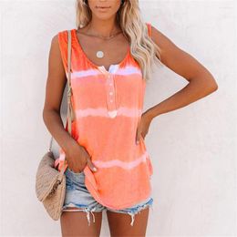 Women's T Shirts 2023 Summer Women Tie-Dye Striped Printed Vest T-Shirts Casual Loose Oversize Tank Tops Ladies O-Neck Button Sleeveless