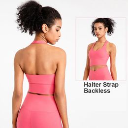 Yoga Outfit LOLI Halter Strap Sport Bra For Women Sexy Backless Low Support Wireless With Removable Pads Cropped Workout TopsYoga