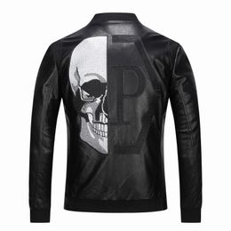 Men's Jackets 2023 Skull Rhinestones PU Men Black High Street Stand-Neck Zipper Rib Sleeve Streetwear Motorcycle Faux Leather Coats