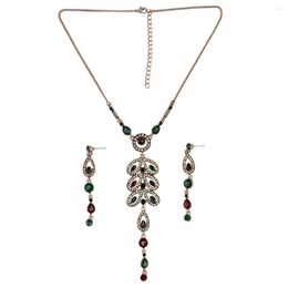 Pendant Necklaces Bohemian Vintage Ethnic Leaf Shape Necklace Crystal Rhinestone Resin Tassel Women Earring Set Jewellery