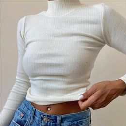 Women's T Shirts Autumn Spring Ribbed Crop Tops Women Solid Casual Fashion Turtleneck Long Sleeve Slim Fit T-shirts Streetwear 3 Colours