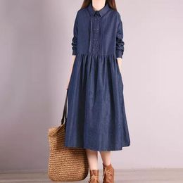 Casual Dresses Denim Shirt Dress Long Sleeve Vintage Spring Autumn Women Turn Down Collar A-Line Midi With Pockets Jeans Robes