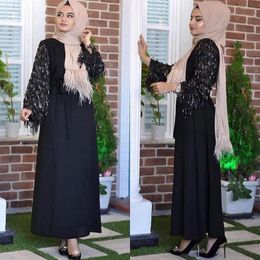 Ethnic Clothing Abaya Dress Satin Black Plus Size Muslim Woman Long Sleeve Fashion Sequined Loose Robe Islamic