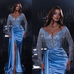 Satin Blue Beads Evening Dress V Neck Long Sleeve Crystal Beading Mermaid Prom Dresses Side Split Special Occasion Robe Gowns