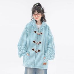 Women's Jackets Winter Coat For Women Lamb Cashmere Hooded Thick Warm Striped Cotton Jacket Korean Fashion Horn Button