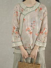 Women's Blouses Johnature Women Vintage Linen Shirts Button Chinese Style Print Floral O-Neck Nine Sleeve Spring 2023