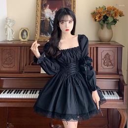 Casual Dresses Coolfel Gothic Black Lolita Dress Women Long Sleeve Lace Bandage Corset Party Prom Vintage Square Collar Princess