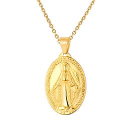 Chains Religious Titanium Steel Oval Necklace Virgin Mary Pendant Christianity Coin Gold ElectroplatedChains