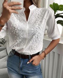 Women's Blouses Summer Women Floral Pattern Eyelet Embroidery Top 2023 Elegant Femme Half Sleeve Turn Down Collar Blouse Lady Outfits