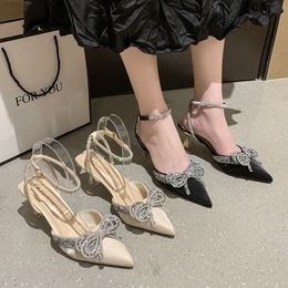 Dress Shoes Shiny s Womens Pumps Sexy Pointed Toe High Heel Sandal for Women Crystal Ankle Strap Thin Heels Wedding Woman 230220