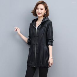 Women's Leather Women Coat Spring Autumn Casual Fashion Hooded Loose Medium Long Sheep Outerwear Mother Jacket Female
