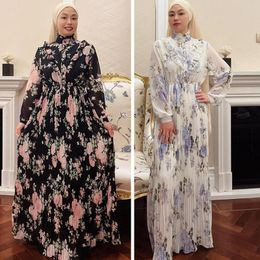 Ethnic Clothing Muslim Chiffon Women Shirt Dress Elegant Print Floral High Waist Casual Vintage Midi Ladies Islamic Vestidos Turkey