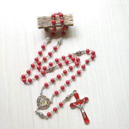 Pendant Necklaces QIGO Religious Catholic Jewellery Red Glass Rosary Necklace Rose Enamel Cross For Men Women