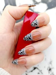 False Nails Long Almond French Style With Leopard Pattern Design Stick On Nude Black For Daily Manicure Decor 24pcs