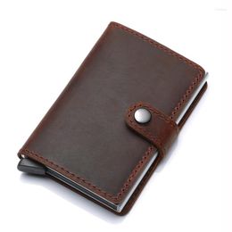 Card Holders Fashion Crazy Horse Genuine Leather Holder Men Wallet Business Cover With Aluminium Alloy Case Black Coffce Browm