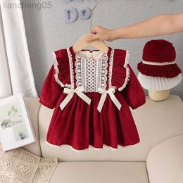 Girl's Dresses Baby Dresses 2022 Winter New vestido Girl's Velvet Wine Red Spanish Fleece Dress Christmas Princess Skirt baby girl clothes W0221