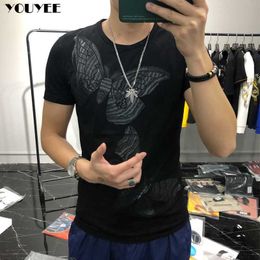 Men's T-Shirts Male Tshirt Butterfly Printed Youth Slim 2021 Summer New Mercerized Cotton Black Solid Colour Personalised Men's Clothing Top Z0221