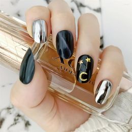 False Nails In Gift Box Short With 3D Moon And Star Decor Mirror Reflective Punk Style Stick On Black Oval Silver 24pcs