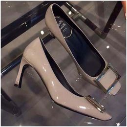 Dress Shoes Highheeled shoes nude Colour stiletto allmatch fashion square toe metal midheel wedding buckle womens 230220