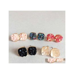 Stud Fashion Drusy Druzy Earrings Gold Plated Square 5 Colors Irregar Rock Crystal Stone For Women Jewelry Drop Delivery Dha9L