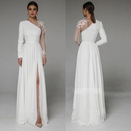 Party Dresses Asymmetrical Side Slit Wedding Dress Long Sleeve Civil Bridal Gown For Bride Button Applique Floor Length 230221