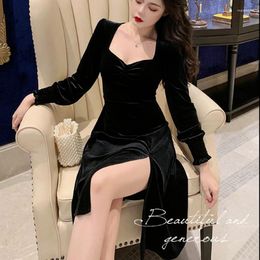 Casual Dresses Fashion Autumn Fairy Sweet Gothic Black Velvet Dress Female V-neck High Waist Pearl Button Long Sleeve Split Mini