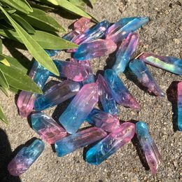 Decorative Figurines 3-6 Cm 100g Angel Aura Crystal Point Wand Clear Quartz Pink And Blue Titanium Healing Gem Electroplated For Wholesale