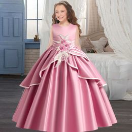 Girl's Dresses Pageant Party Dresses Embroidery Flower Evening Kids Dress For Girl Bridemaid Children Come Bow Princess Wedding Gown Vestido