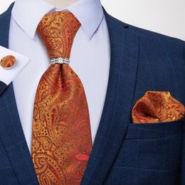 Bow Ties Men's Tie Silk Orange Paisley Floral Jacquard Woven Necktie Hanky Cufflinks Ring Set Wedding Party Fashion DiBanGu