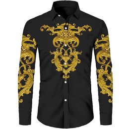 Men's Casual Shirts Men Retro Luxury Golden Chain Pattern Short/Long Sleeve Button Blouses Plus Size Camisa Shirts High-end Tops Mens Clothing 230220