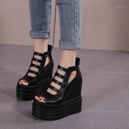 Sandals Height 14cm Platform Wedges Shoes Black White With Cross Straps Ultra High Heel Footwear Zipper Party On Sale