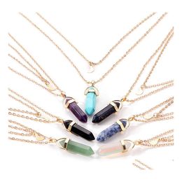 Pendant Necklaces Fashion Gold Palted Mtilayer Lucky Energy Crystal Hexagonal Prism Natural Stone Moon Quartz Druzy Necklace For Wom Dhaga