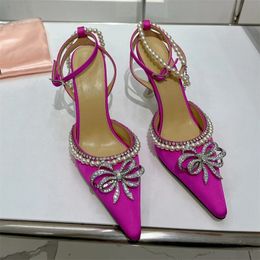 Luxury Illusory Color Pearl Chain Rhinestone Bowknot Sandals 2023 Summer New Wine Cup Heel High Heel Tip Women's Shoes