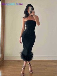 Casual Dresses Woman Sleeveless Feather Tube Top Dress Solid Tight Sexy Fashion Elegant Wrap Dress Women Summer Party Club Midi Robe 022123H