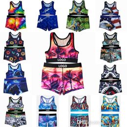 Retail Women Yoga Fitness Outfits Tracksuits 2 Piece Swimsuits Fashion Sexy Printed Vest Crop Top And Shorts Set