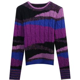 206 2023 Spring Summer Women Sweater Long Sleeve Crew Neck purple Striped Puulover Womens YL6