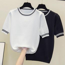 Women's Sweaters L-4XL Plus Size Women Summer Thin Kint T-shirt Top 2023 Short Sleeve O Neck Hollow Out Oversized Pullover Jumper