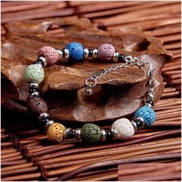 Beaded Wholesale Adjustable Volcanic Lava Stone Bead Bracelet Yoga Essential Oil Diffuser Women Braided Bracelets Bangle He Dh8Kp