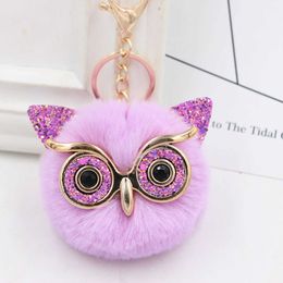 Key Rings New Cute Fluffy Rabbit Fur 32 Colors Owl Pom Ball Keychains Keyring Car Key Ring Chain Charm Women Bag Pendant Decorative