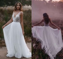 2023 Abiti da sposa Boho abito da sposa a v Seeeveveless Paiugine Tulle A Linea Ruched Lunghezza del pavimento personalizzata più size Country Beach Vestitido de noni