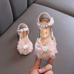 Sandals AINYFU New Kids Pearl Bow Princess Sandals Girls Rhinestone Dress Shoes Children's Sequin Lace Dance Flats Sandals Size 21-36 R230220