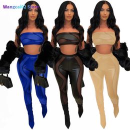 Women's Two Piece Pants ANJAMANOR Women Clothing 2 Pieces Set Black Mesh Leggings and Tube Top Sexy Club Outfits Black Matching Pants Suit 022123H