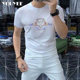 Men's T-Shirts Tshirt Men's Slim Fit Versatile Tiger Hot Rhinestone Fashion Personality Short Sleeve Tees 2022 Summer New Trend Man Clothing Z0221