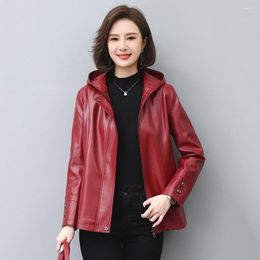 Women's Leather Women Hooded Jacket Spring Autumn Fashion Long Sleeve Split Casual Outerwear Loose Mother Tops Coat Winter