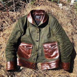 Men's Jackets American Tailor Brando J-13 Retro 18OZ Oil Wax Canvas & Italian Tuscan Calfskin Motorcycle Men's Leather Jacket