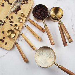 Measuring Tools Spoon Set Kitchen Accessories Wooden Handle Stainless Steel Cups Spoons Baking Coffee Bartending Scale 230221