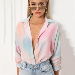 Women's Blouses 2023 Spring And Summer Women's Fashion Printing Colour Fight Drop Shoulder Long Sleeve Cardigan Shirt Women