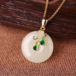 Pendant Necklaces S925 Silver Inlaid White Jade Lucky Calabash Pendent Luxury Elegant Classical Chinese Style Necklace Jewelry